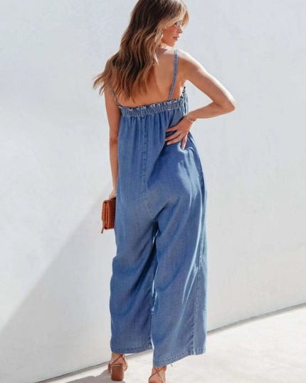 Spaghetti Strap Wide Leg Denim Jumpsuit - THE AMERICAN BLUE