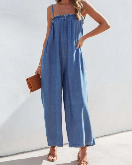 Spaghetti Strap Wide Leg Denim Jumpsuit - THE AMERICAN BLUE