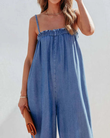 Spaghetti Strap Wide Leg Denim Jumpsuit - THE AMERICAN BLUE