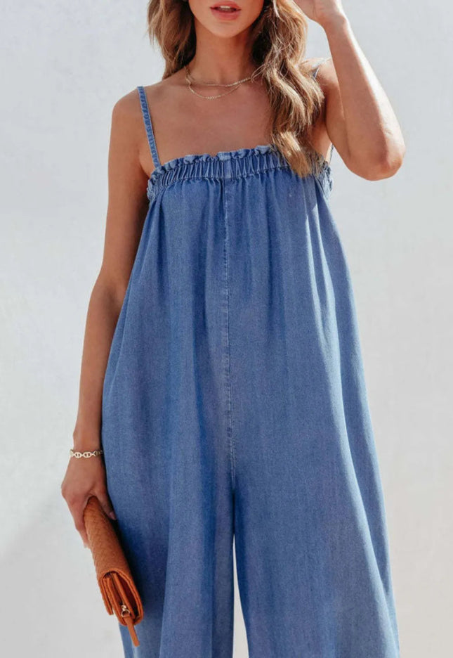 Spaghetti Strap Wide Leg Denim Jumpsuit - THE AMERICAN BLUE