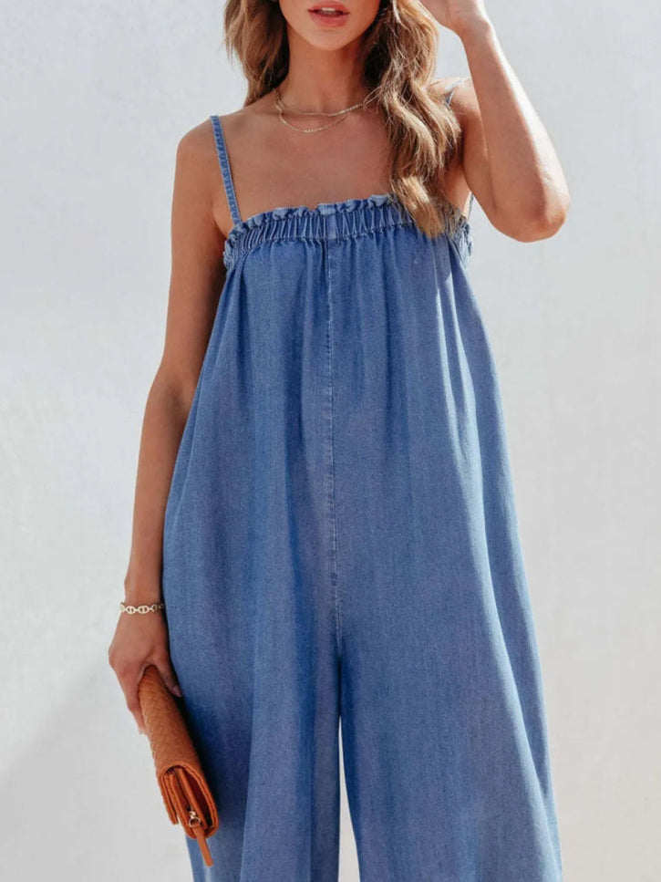 Spaghetti Strap Wide Leg Denim Jumpsuit - THE AMERICAN BLUE