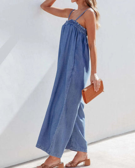 Spaghetti Strap Wide Leg Denim Jumpsuit - THE AMERICAN BLUE