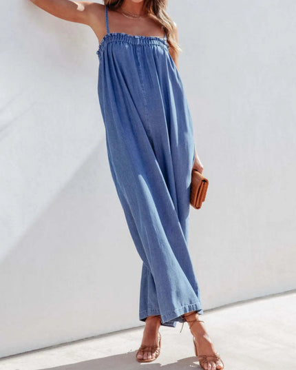 Spaghetti Strap Wide Leg Denim Jumpsuit - THE AMERICAN BLUE