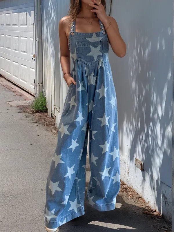 Star Print Buttoned Strap Wide Leg Denim Overalls - THE AMERICAN BLUE