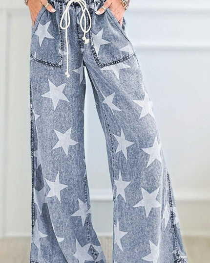 Star Print Washed Drawstring High Waist Wide Leg Jeans - THE AMERICAN BLUE