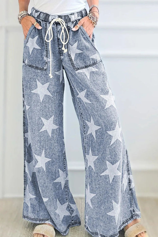 Star Print Washed Drawstring High Waist Wide Leg Jeans - THE AMERICAN BLUE