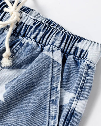 Star Print Washed Drawstring High Waist Wide Leg Jeans - THE AMERICAN BLUE
