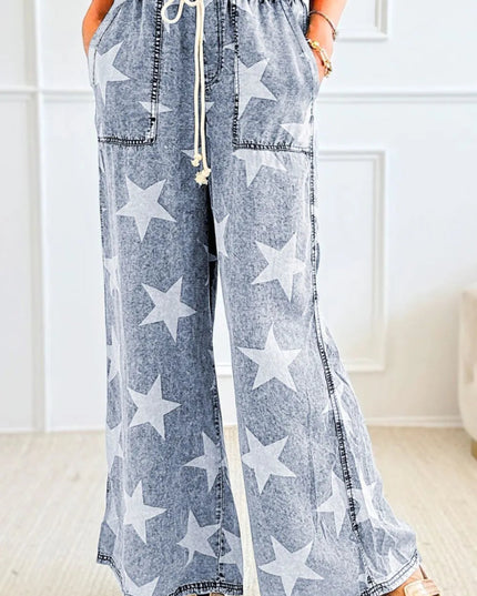Star Print Washed Drawstring High Waist Wide Leg Jeans - THE AMERICAN BLUE