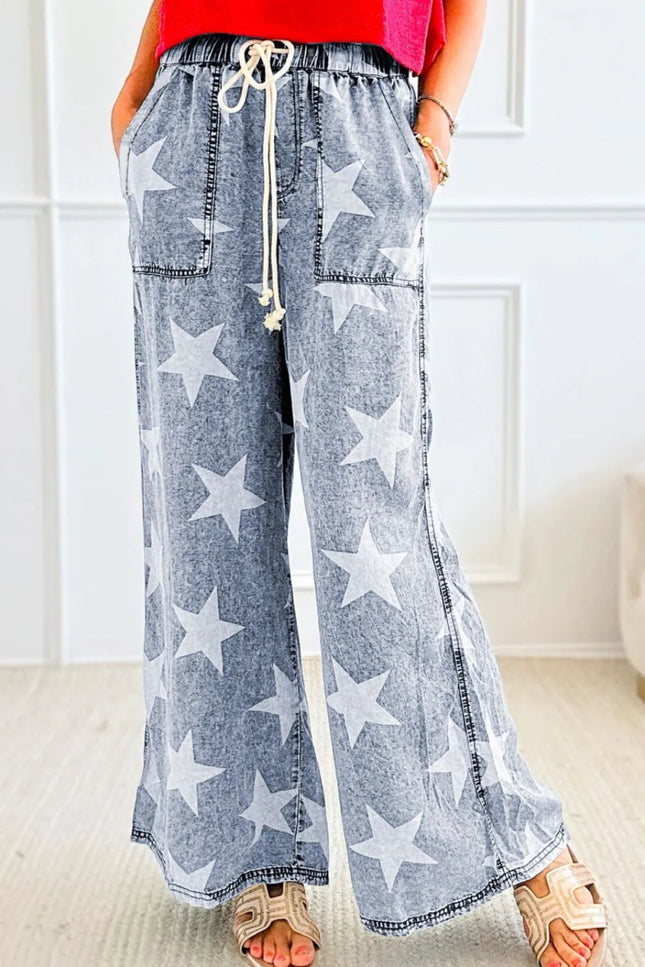 Star Print Washed Drawstring High Waist Wide Leg Jeans - THE AMERICAN BLUE