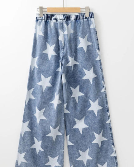 Star Print Washed Drawstring High Waist Wide Leg Jeans - THE AMERICAN BLUE
