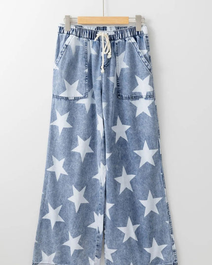 Star Print Washed Drawstring High Waist Wide Leg Jeans - THE AMERICAN BLUE