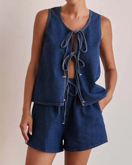 Tie Front Vest and Shorts Denim Set - THE AMERICAN BLUE