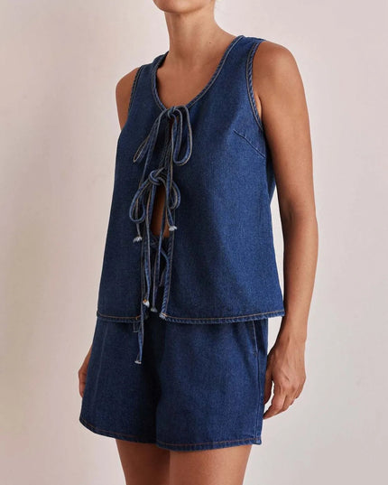 Tie Front Vest and Shorts Denim Set - THE AMERICAN BLUE