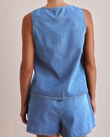 Tie Front Vest and Shorts Denim Set - THE AMERICAN BLUE