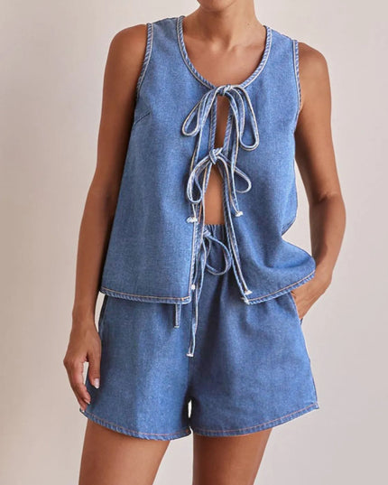 Tie Front Vest and Shorts Denim Set - THE AMERICAN BLUE
