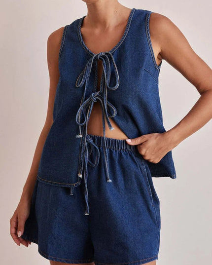 Tie Front Vest and Shorts Denim Set - THE AMERICAN BLUE