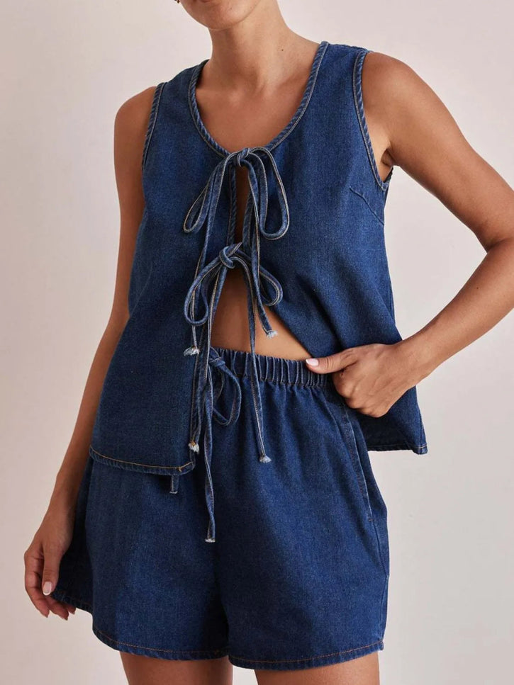 Tie Front Vest and Shorts Denim Set - THE AMERICAN BLUE