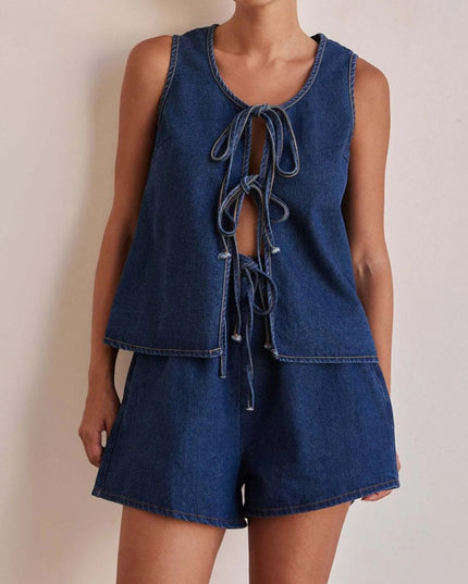 Tie Front Vest and Shorts Denim Set - THE AMERICAN BLUE