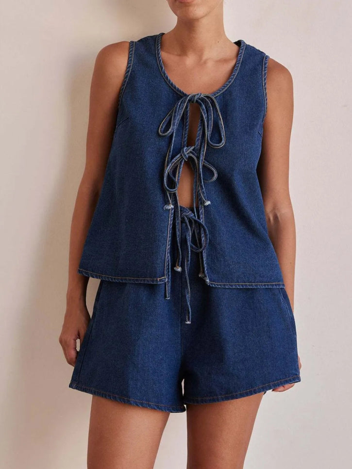 Tie Front Vest and Shorts Denim Set - THE AMERICAN BLUE