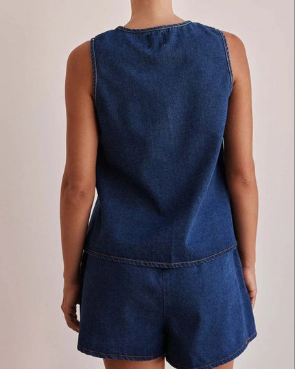 Tie Front Vest and Shorts Denim Set - THE AMERICAN BLUE
