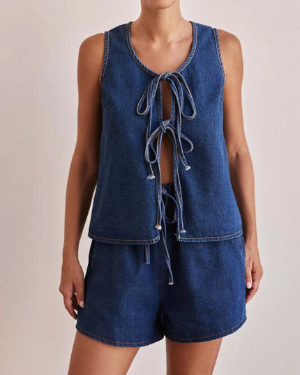 Tie Front Vest and Shorts Denim Set - THE AMERICAN BLUE