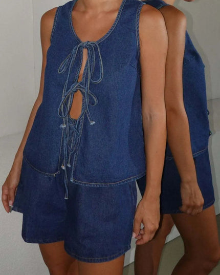 Tie Front Vest and Shorts Denim Set - THE AMERICAN BLUE