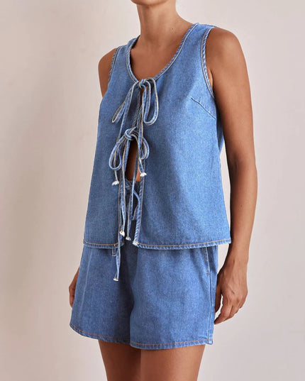 Tie Front Vest and Shorts Denim Set - THE AMERICAN BLUE