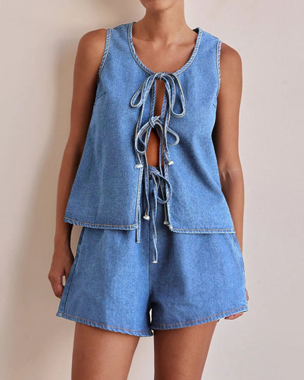 Tie Front Vest and Shorts Denim Set - THE AMERICAN BLUE