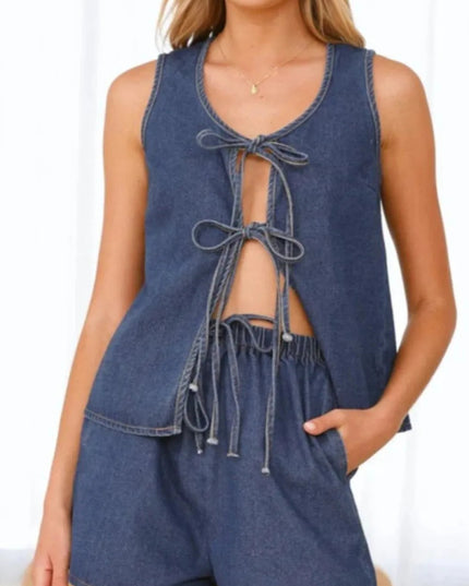 Tied Front V - Neck Vest and Shorts Denim Set - THE AMERICAN BLUE