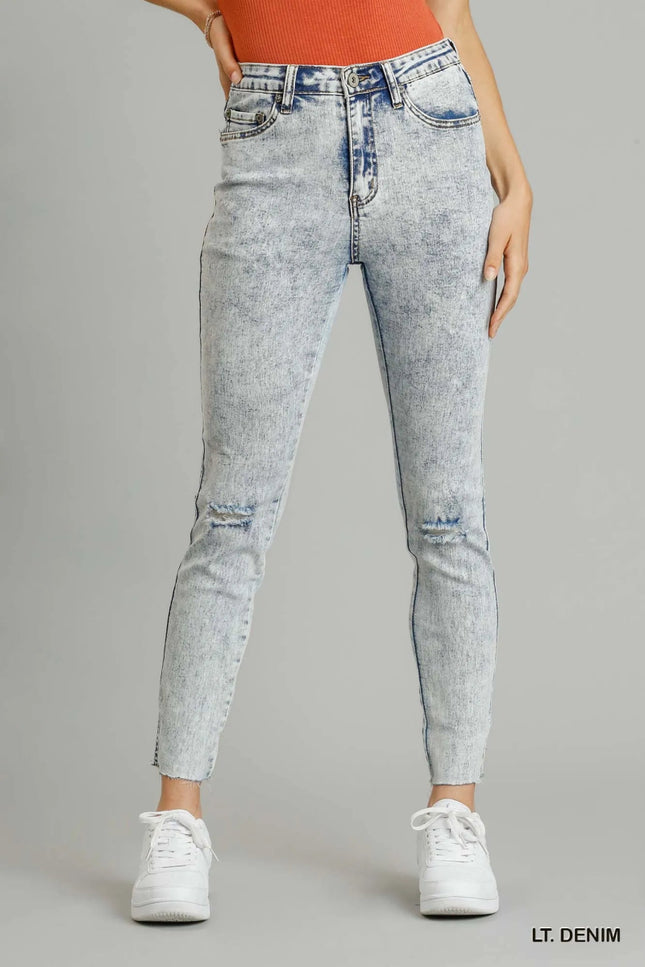 Umgee 5 - Pockets Distressed Detail Stretch Denim Skinny Jeans with Unfinished Hem - THE AMERICAN BLUE