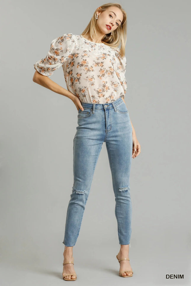 Umgee 5 - Pockets Distressed Detail Stretch Denim Skinny Jeans with Unfinished Hem - THE AMERICAN BLUE