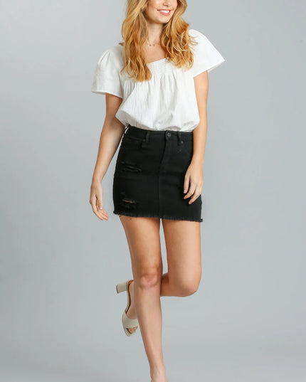 Umgee Distressed Raw Hem High Waist Denim Skirt - THE AMERICAN BLUE