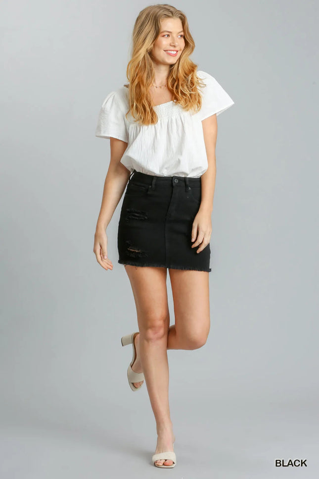 Umgee Distressed Raw Hem High Waist Denim Skirt - THE AMERICAN BLUE