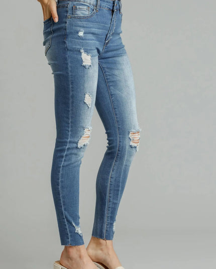 Umgee Distressed Skinny Jeans with Edge Detail - THE AMERICAN BLUE