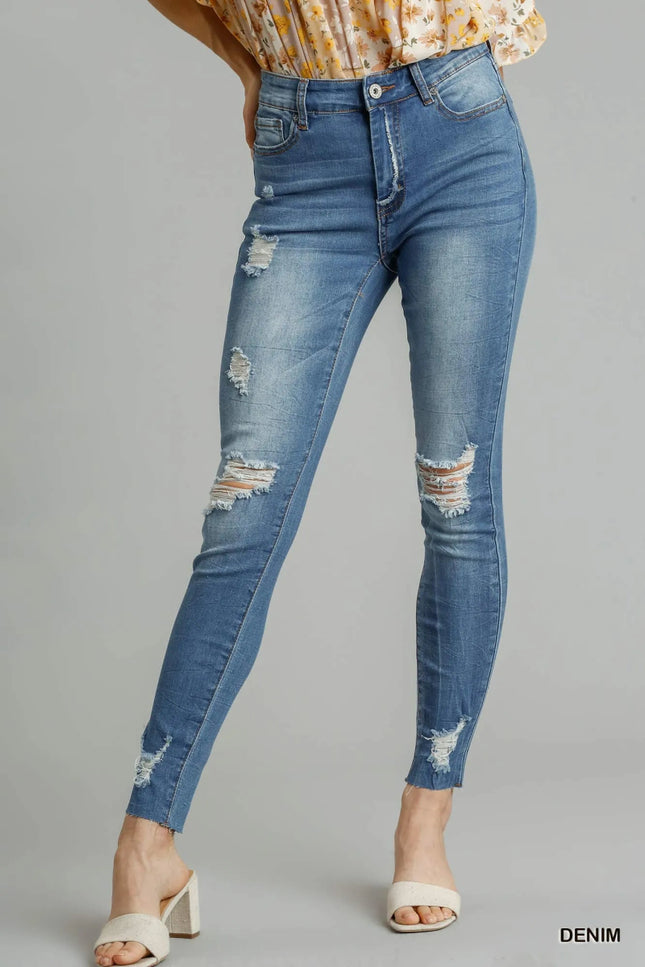 Umgee Distressed Skinny Jeans with Edge Detail - THE AMERICAN BLUE