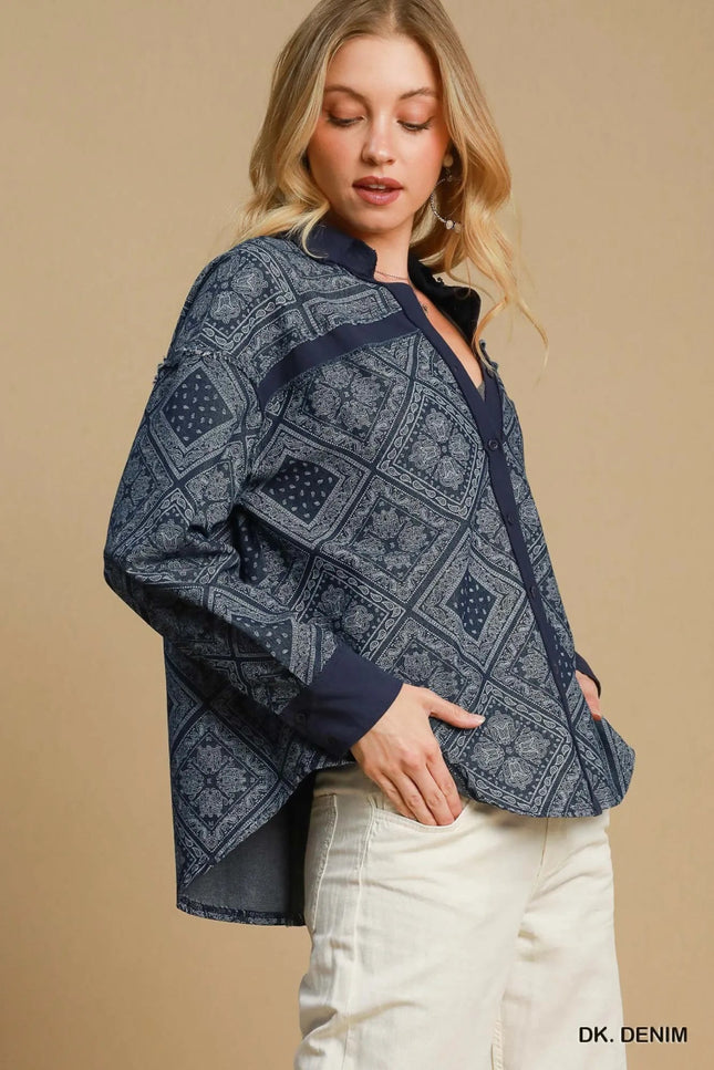 Umgee Paisley Print Denim Shirt Jacket - THE AMERICAN BLUE