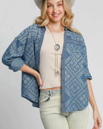 Umgee Paisley Print Denim Shirt Jacket - THE AMERICAN BLUE