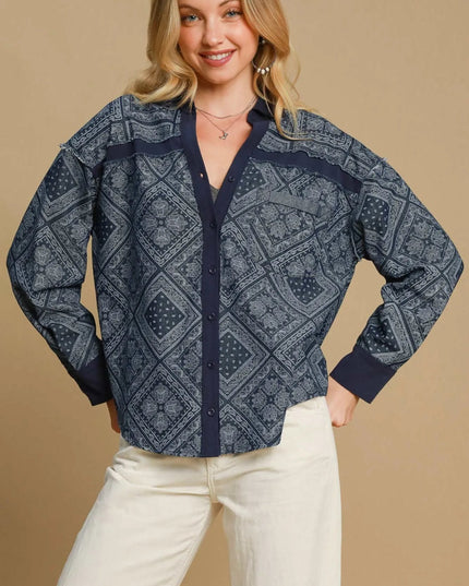 Umgee Paisley Print Denim Shirt Jacket - THE AMERICAN BLUE