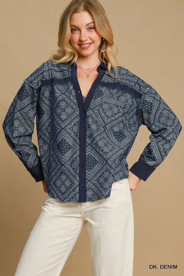 Umgee Paisley Print Denim Shirt Jacket - THE AMERICAN BLUE