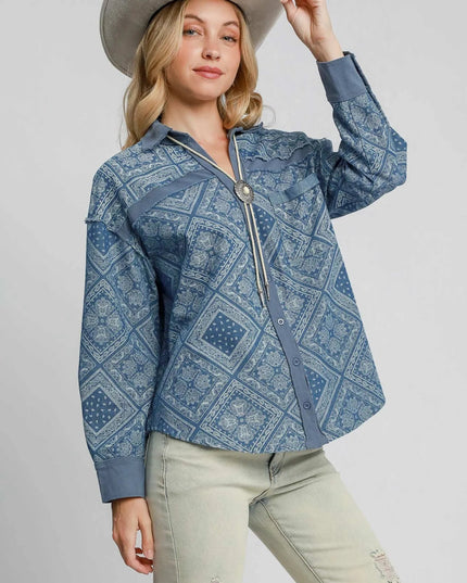 Umgee Paisley Print Denim Shirt Jacket - THE AMERICAN BLUE