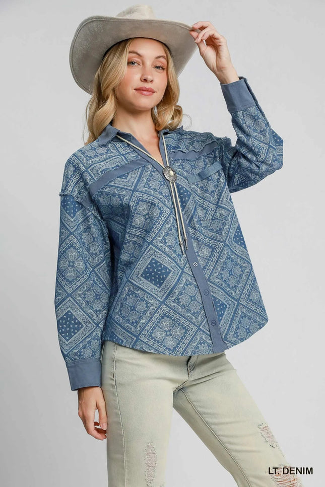Umgee Paisley Print Denim Shirt Jacket - THE AMERICAN BLUE