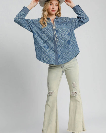 Umgee Paisley Print Denim Shirt Jacket - THE AMERICAN BLUE