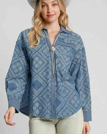 Umgee Paisley Print Denim Shirt Jacket - THE AMERICAN BLUE