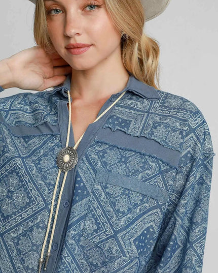Umgee Paisley Print Denim Shirt Jacket - THE AMERICAN BLUE
