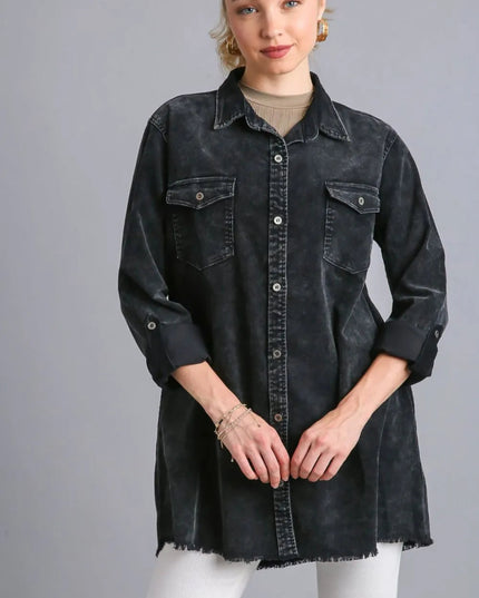 Umgee Raw Hem Button Down Denim Jacket with Chest Pockets - THE AMERICAN BLUE