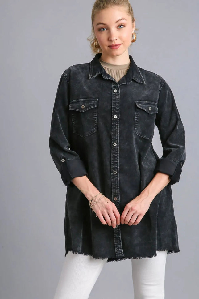 Umgee Raw Hem Button Down Denim Jacket with Chest Pockets - THE AMERICAN BLUE