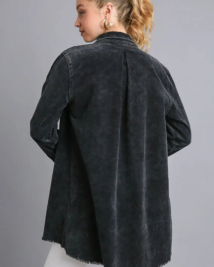 Umgee Raw Hem Button Down Denim Jacket with Chest Pockets - THE AMERICAN BLUE