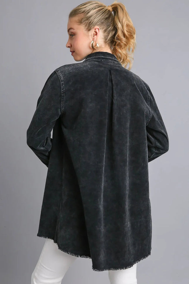 Umgee Raw Hem Button Down Denim Jacket with Chest Pockets - THE AMERICAN BLUE