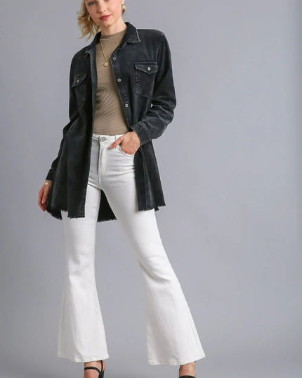 Umgee Raw Hem Button Down Denim Jacket with Chest Pockets - THE AMERICAN BLUE
