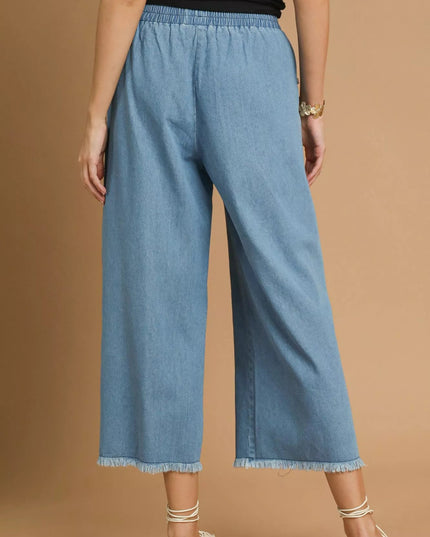 Umgee Washed Fringe Hem Wide Leg Jeans - THE AMERICAN BLUE